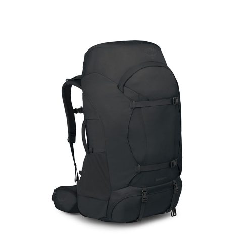 Osprey farpoint trek 70 sort forfra på siden