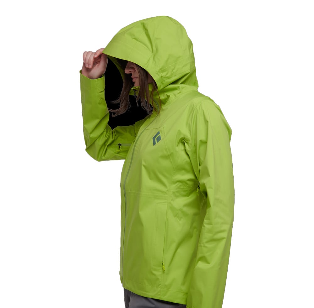 WOMEN'S STORMLINE STRETCH RAIN SHELL fra siden med hætte på model