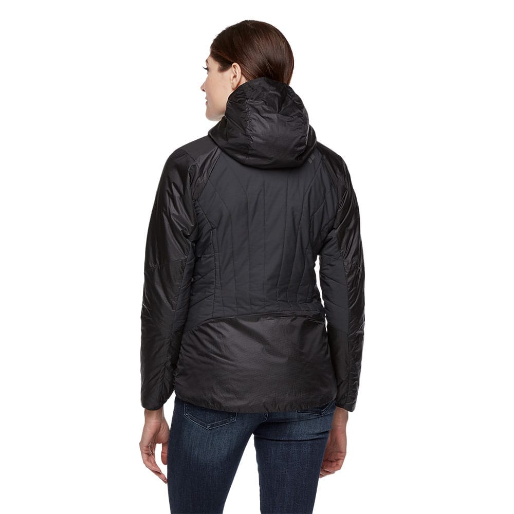 Bagsiden af Vision Hybrid Hoody fra Black Diamond med hætte, der passer til klatrehjelm.