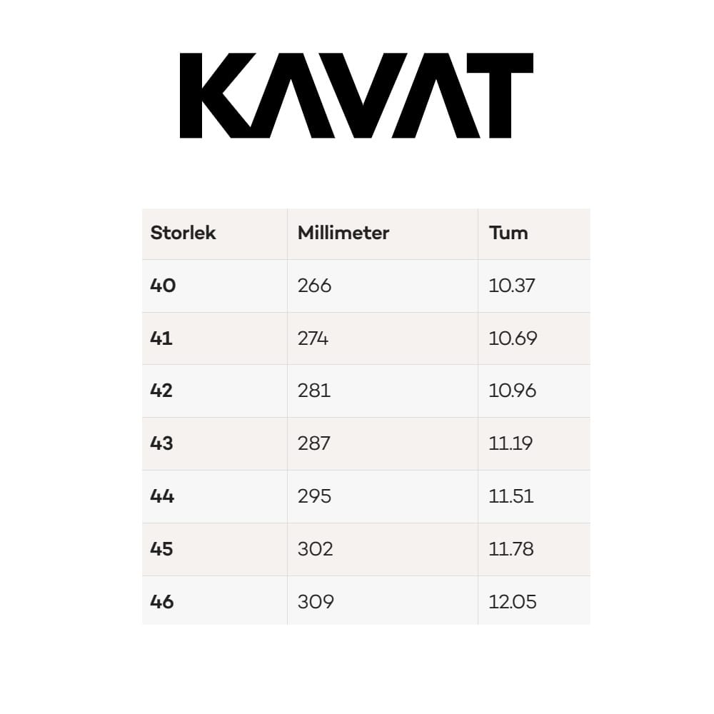 Kavat Nyhammar størrelsesguide
