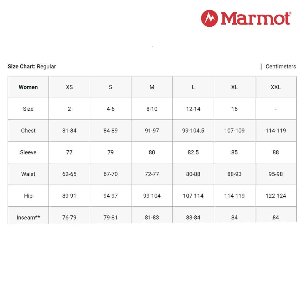 størrelsesguide til Marmot Hype Down Hoody vinterjakke med dun (dame)