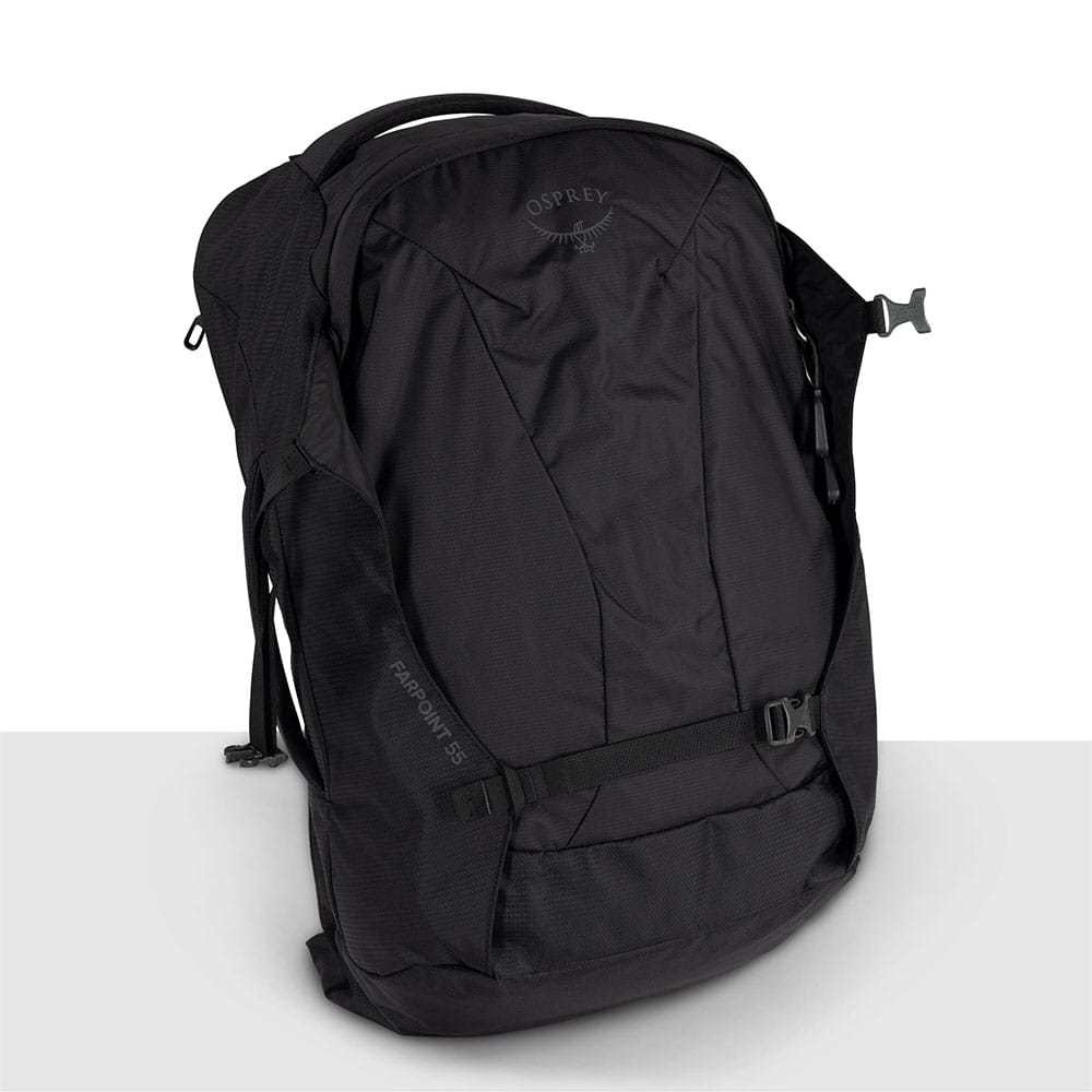 Osprey Farpoint 55 musta avattuna