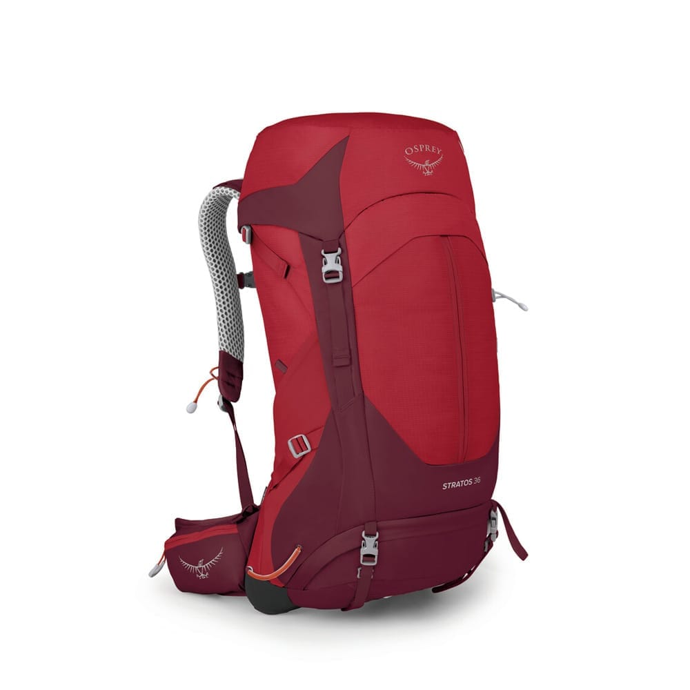 Osprey Stratos 36 i to røde nyanser er en komfortabel ventilert ryggsekk.
