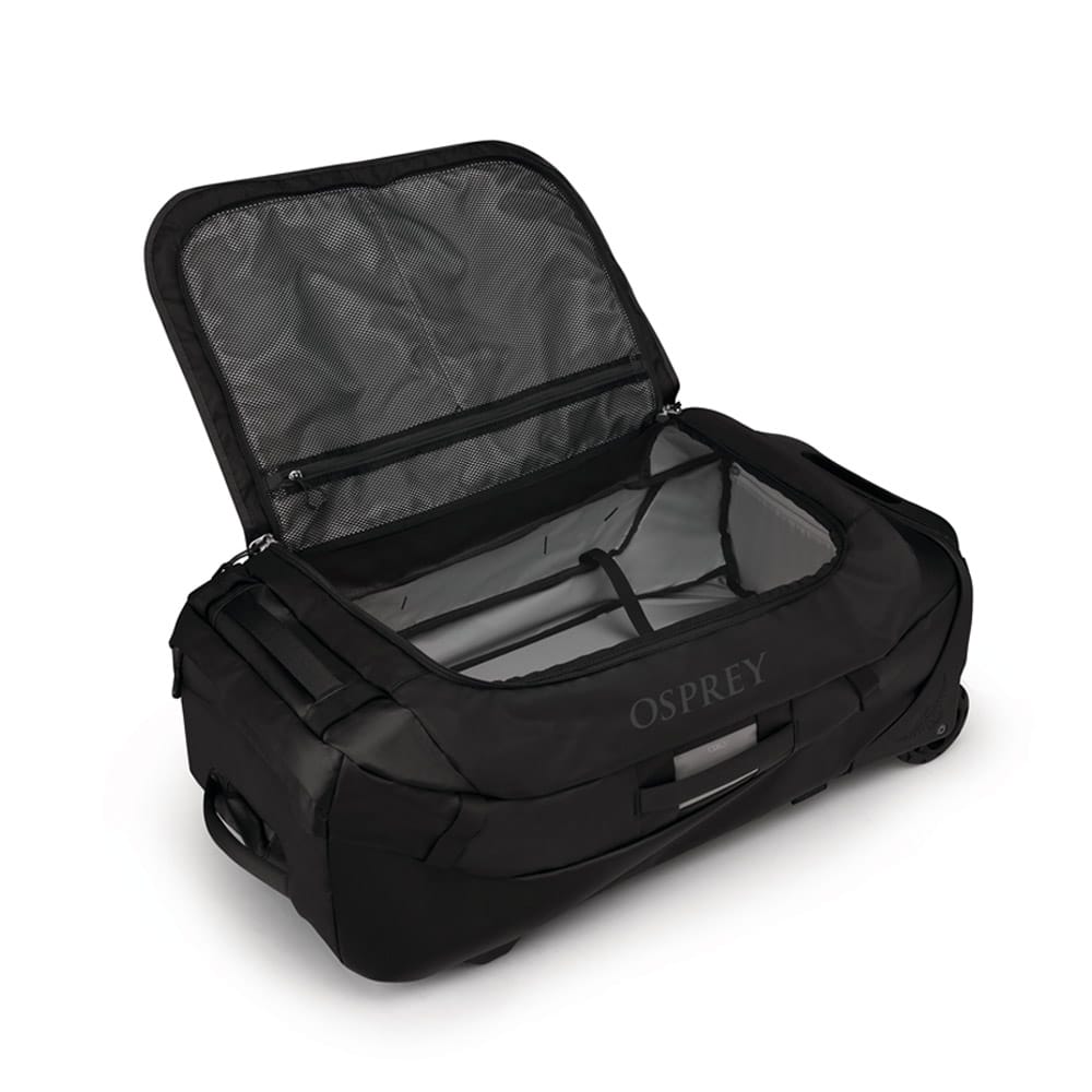en Osprey Transporter Wheeled Duffel 90L reisebag (unisex) med åpent lokk