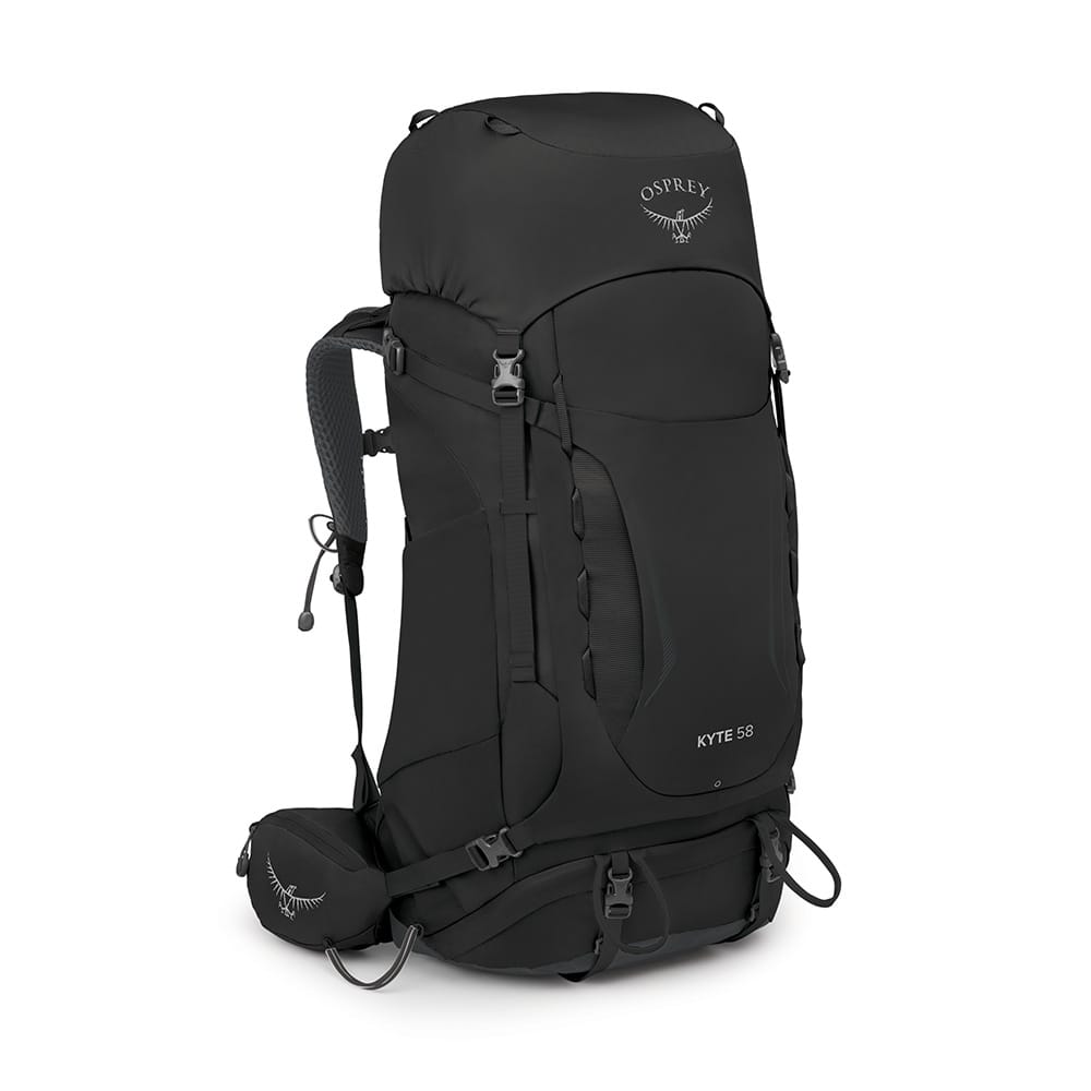 Romslig ryggsekk fra Osprey Kyte 58 passer for vandring, fargen svart.